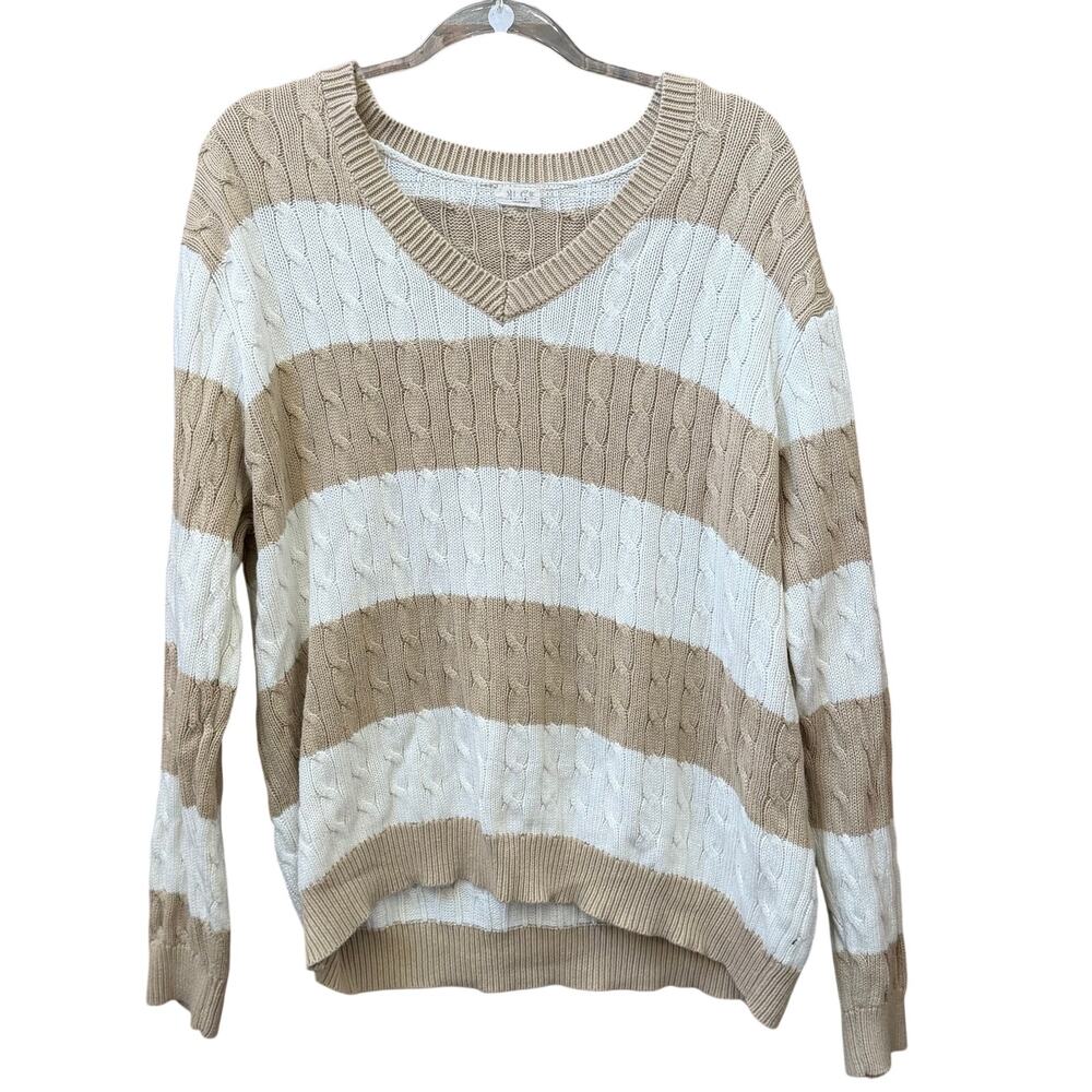 John Galt Striped Cable Knit Sweater One Size Khaki Tan Preppy Casual Relaxed